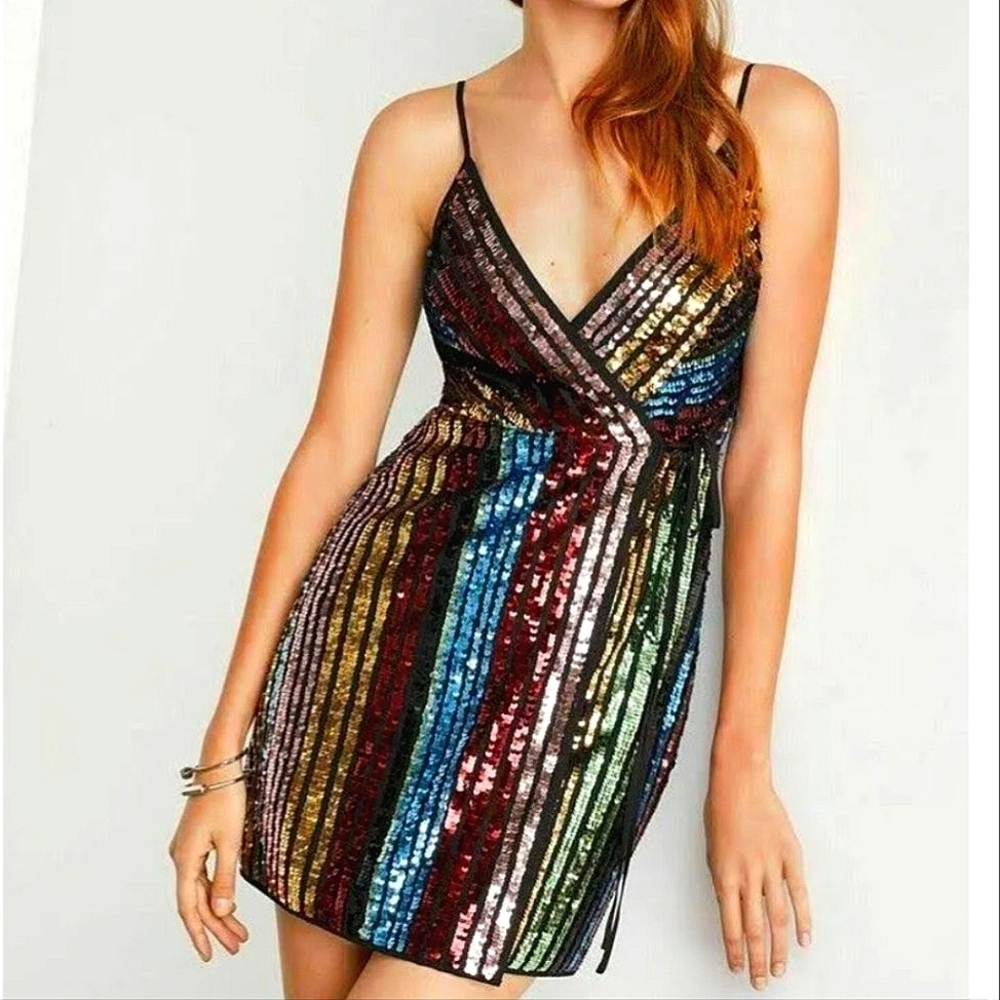 BCBG Maxazria Sequin Cocktail Wrap Dress Black Combo Multicolor Stripe LNC